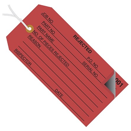 Bsc Preferred 4 3/4 x 2-3/8'' - ''Rejected'' Inspection Tags 2 Part - Numbered 000 - 499 - Pre-Strung, 500PK BUY00030765